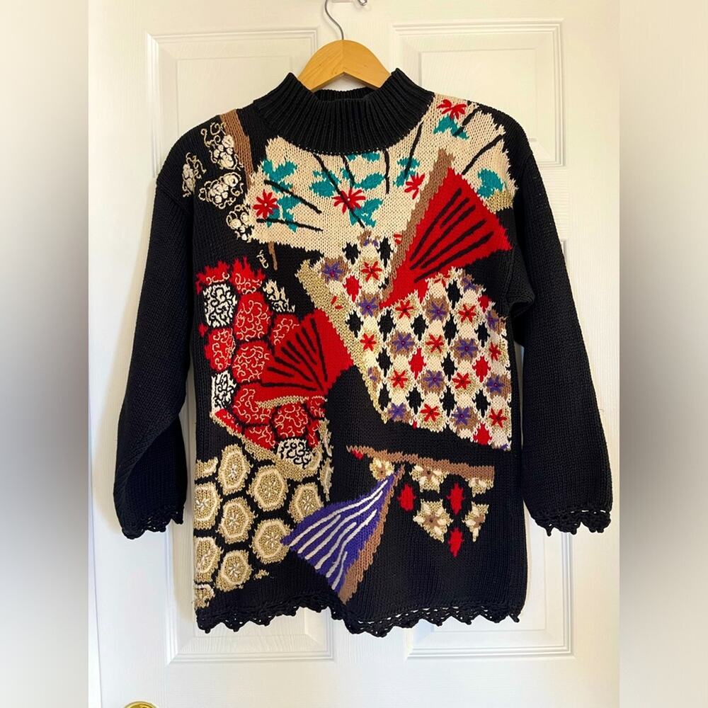 Vntg Casual Corner 1993 knit artsy 3D cottagecore embroidered patchwork sweater